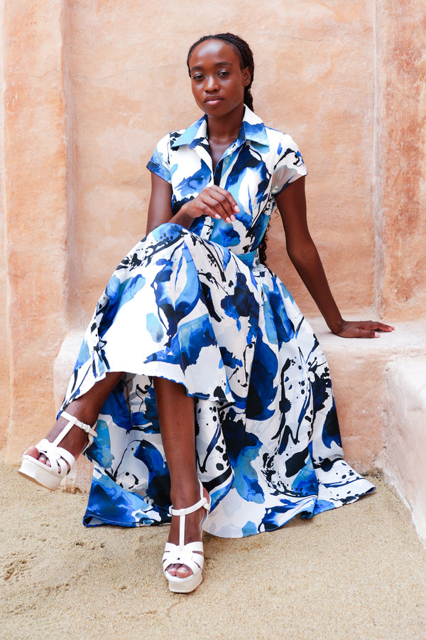 Amber Dress Shirt Collar Short Cuff Sleeve Midi Length Silk Taffta (Watercolor Foliage White)