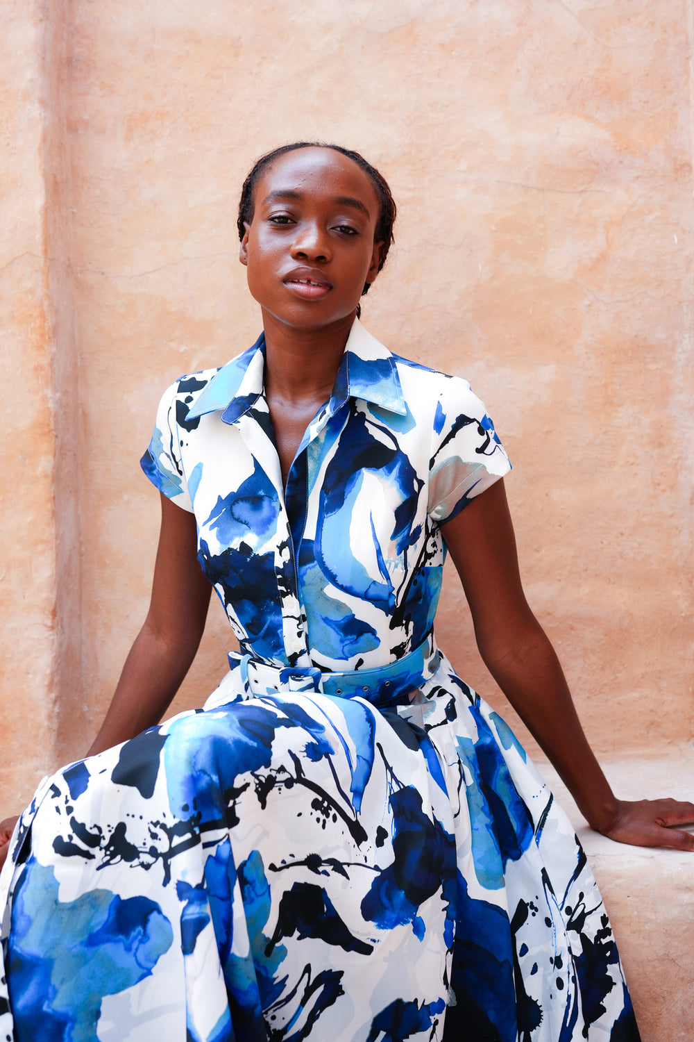 Amber Dress Shirt Collar Short Cuff Sleeve Midi Length Silk Taffta (Watercolor Foliage White)