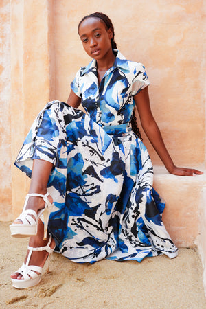 Amber Dress Shirt Collar Short Cuff Sleeve Midi Length Silk Taffta (Watercolor Foliage White)