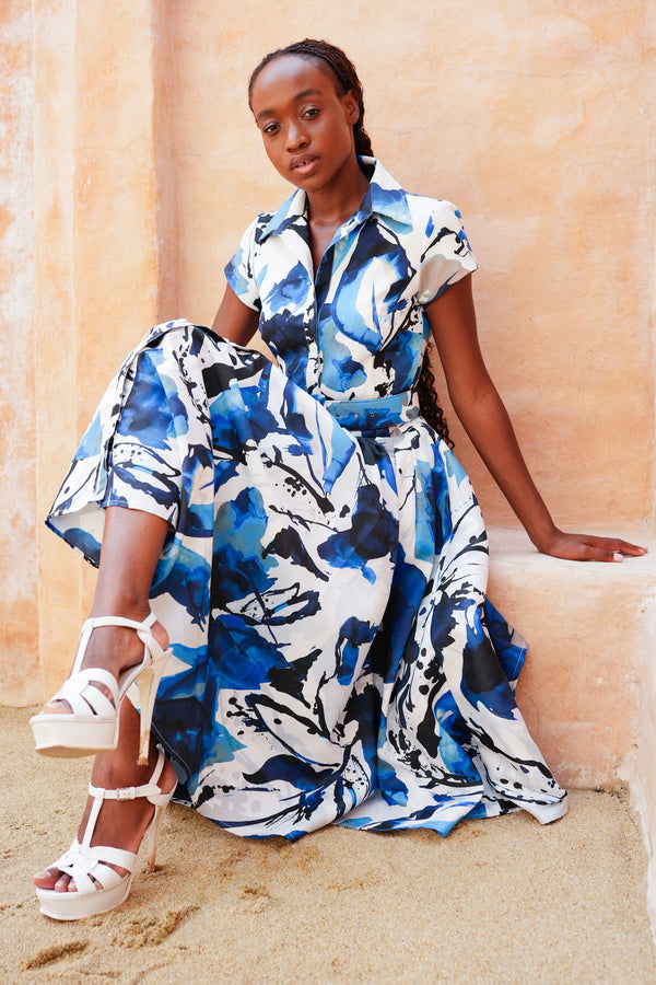 Amber Dress Shirt Collar Short Cuff Sleeve Midi Length Silk Taffta (Watercolor Foliage White)