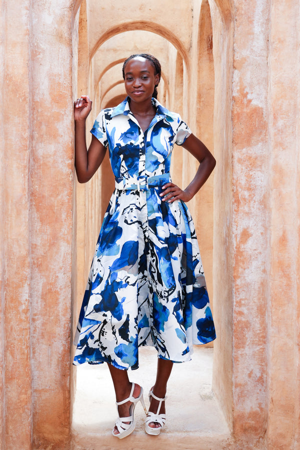 Amber Dress Shirt Collar Short Cuff Sleeve Midi Length Silk Taffta (Watercolor Foliage White)