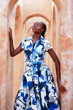 Amber Dress Shirt Collar Short Cuff Sleeve Midi Length Silk Taffta (Watercolor Foliage White)
