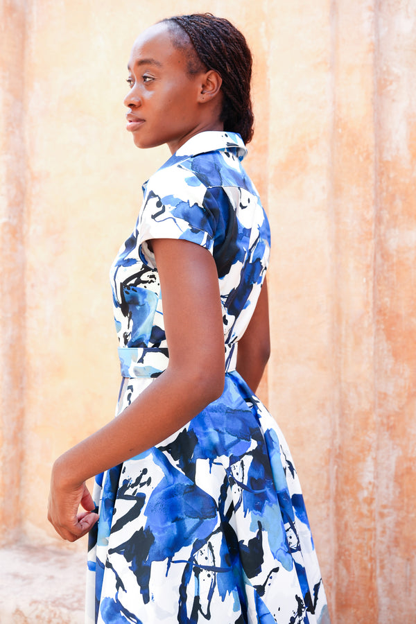 Amber Dress Shirt Collar Short Cuff Sleeve Midi Length Silk Taffta (Watercolor Foliage White)