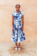 Amber Dress Shirt Collar Short Cuff Sleeve Midi Length Silk Taffta (Watercolor Foliage White)