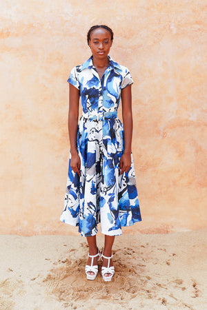 Amber Dress Shirt Collar Short Cuff Sleeve Midi Length Silk Taffta (Watercolor Foliage White)
