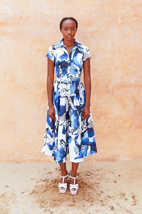 Amber Dress Shirt Collar Short Cuff Sleeve Midi Length Silk Taffta (Watercolor Foliage White)