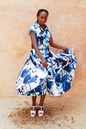 Amber Dress Shirt Collar Short Cuff Sleeve Midi Length Silk Taffta (Watercolor Foliage White)
