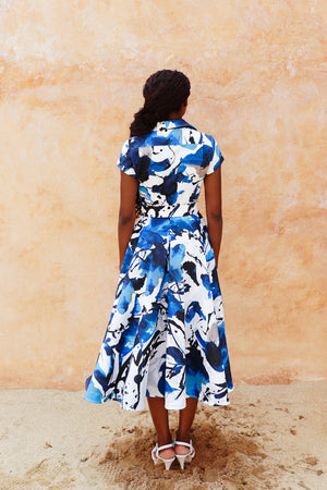Amber Dress Shirt Collar Short Cuff Sleeve Midi Length Silk Taffta (Watercolor Foliage White)