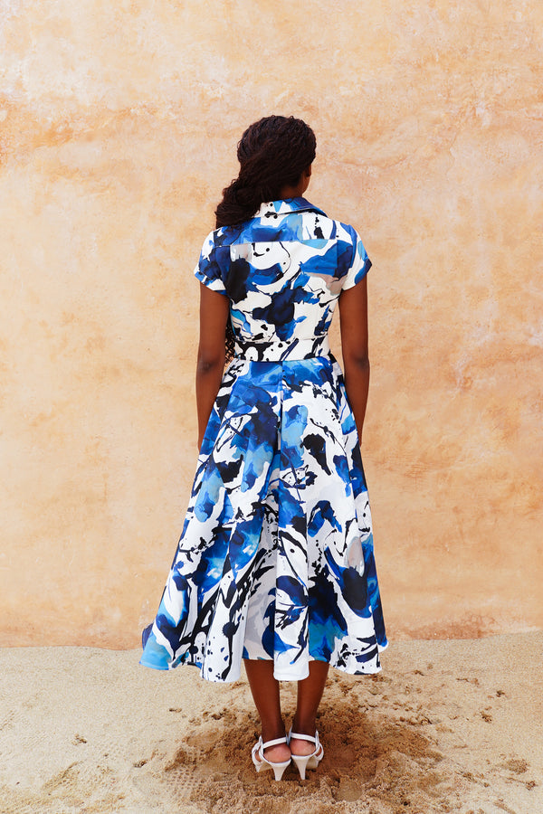 Amber Dress Shirt Collar Short Cuff Sleeve Midi Length Silk Taffta (Watercolor Foliage White)