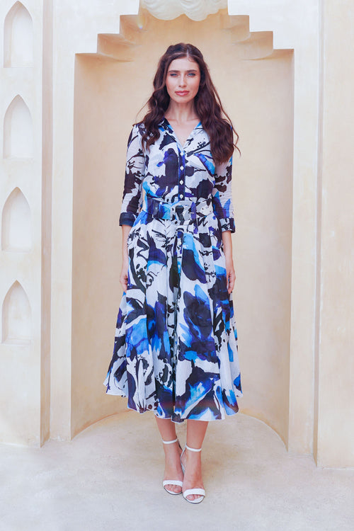 Aster Dress Shirt Collar 3/4 Sleeve Midi Length Cotton Musola (Watercolor Foliage White)