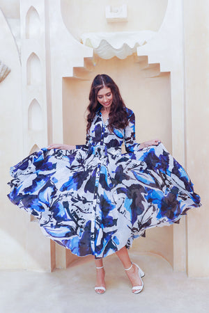 Aster Dress Shirt Collar 3/4 Sleeve Midi Length Cotton Musola (Watercolor Foliage White)