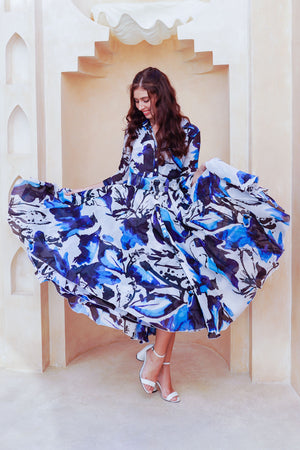 Aster Dress Shirt Collar 3/4 Sleeve Midi Length Cotton Musola (Watercolor Foliage White)