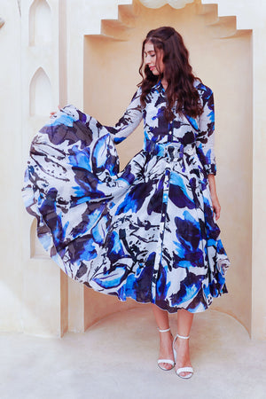 Aster Dress Shirt Collar 3/4 Sleeve Midi Length Cotton Musola (Watercolor Foliage White)