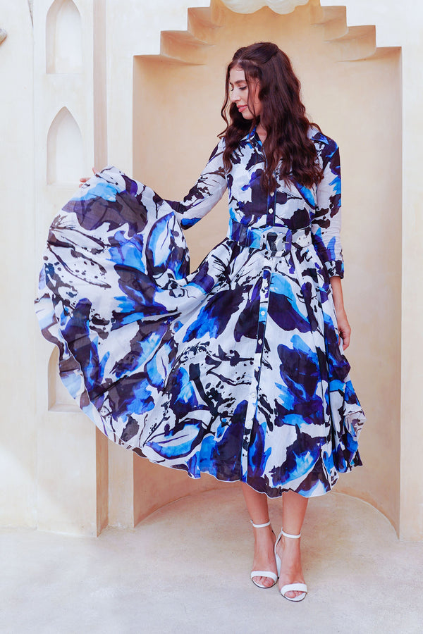 Aster Dress Shirt Collar 3/4 Sleeve Midi Length Cotton Musola (Watercolor Foliage White)