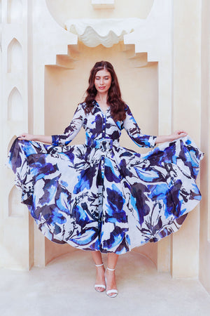 Aster Dress Shirt Collar 3/4 Sleeve Midi Length Cotton Musola (Watercolor Foliage White)