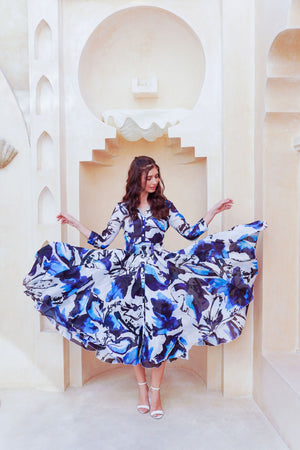 Aster Dress Shirt Collar 3/4 Sleeve Midi Length Cotton Musola (Watercolor Foliage White)