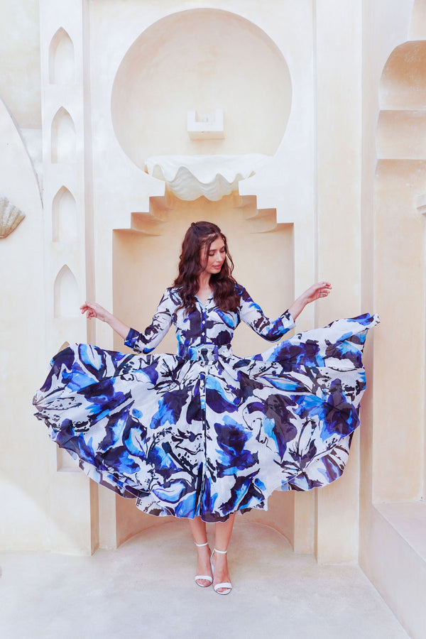 Aster Dress Shirt Collar 3/4 Sleeve Midi Length Cotton Musola (Watercolor Foliage White)