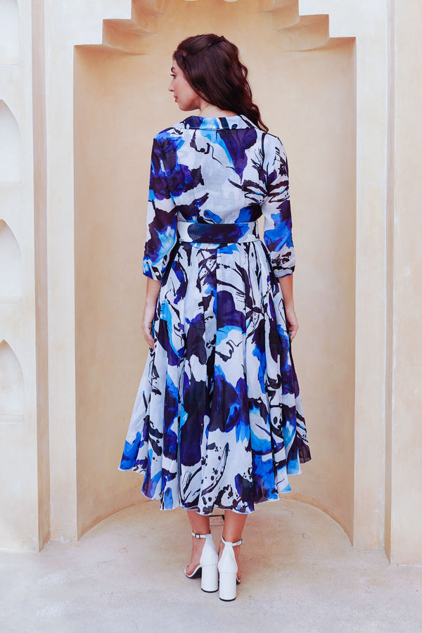 Aster Dress Shirt Collar 3/4 Sleeve Midi Length Cotton Musola (Watercolor Foliage White)