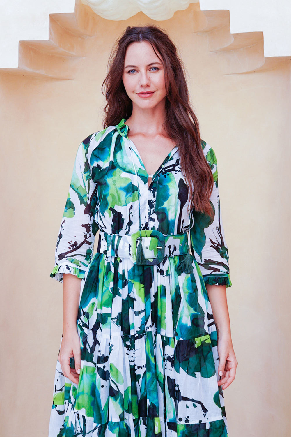 Eva Dress Crew Neck 3/4 Sleeve Maxi Length Cotton Musola (Watercolor Foliage White)