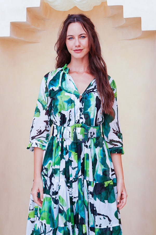 Eva Dress Crew Neck 3/4 Sleeve Maxi Length Cotton Musola (Watercolor Foliage White)