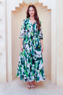 Eva Dress Crew Neck 3/4 Sleeve Maxi Length Cotton Musola (Watercolor Foliage White)