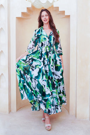 Eva Dress Crew Neck 3/4 Sleeve Maxi Length Cotton Musola (Watercolor Foliage White)