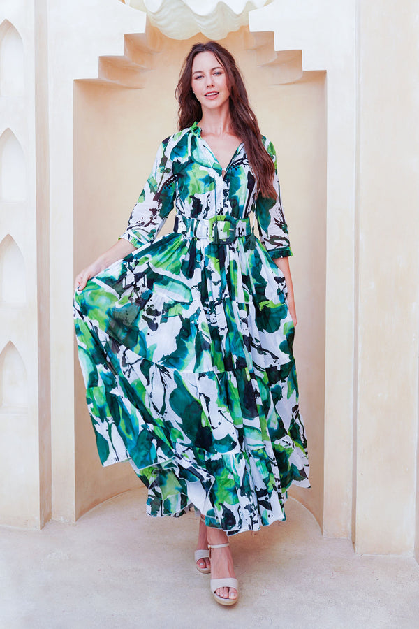 Eva Dress Crew Neck 3/4 Sleeve Maxi Length Cotton Musola (Watercolor Foliage White)