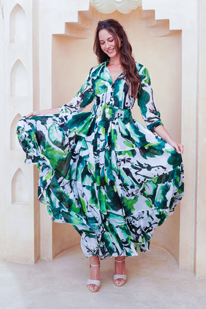 Eva Dress Crew Neck 3/4 Sleeve Maxi Length Cotton Musola (Watercolor Foliage White)