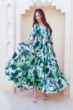 Eva Dress Crew Neck 3/4 Sleeve Maxi Length Cotton Musola (Watercolor Foliage White)