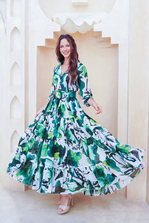 Eva Dress Crew Neck 3/4 Sleeve Maxi Length Cotton Musola (Watercolor Foliage White)