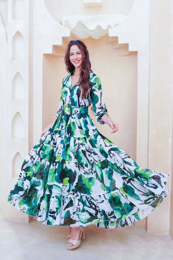 Eva Dress Crew Neck 3/4 Sleeve Maxi Length Cotton Musola (Watercolor Foliage White)