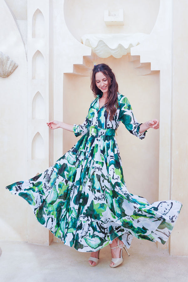 Eva Dress Crew Neck 3/4 Sleeve Maxi Length Cotton Musola (Watercolor Foliage White)