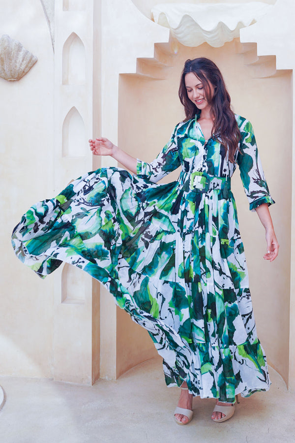 Eva Dress Crew Neck 3/4 Sleeve Maxi Length Cotton Musola (Watercolor Foliage White)