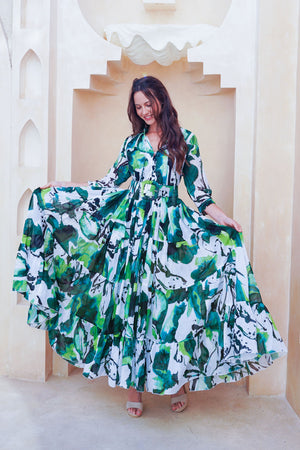 Eva Dress Crew Neck 3/4 Sleeve Maxi Length Cotton Musola (Watercolor Foliage White)