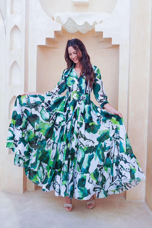 Eva Dress Crew Neck 3/4 Sleeve Maxi Length Cotton Musola (Watercolor Foliage White)