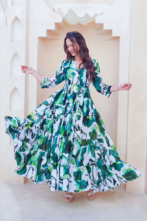 Eva Dress Crew Neck 3/4 Sleeve Maxi Length Cotton Musola (Watercolor Foliage White)