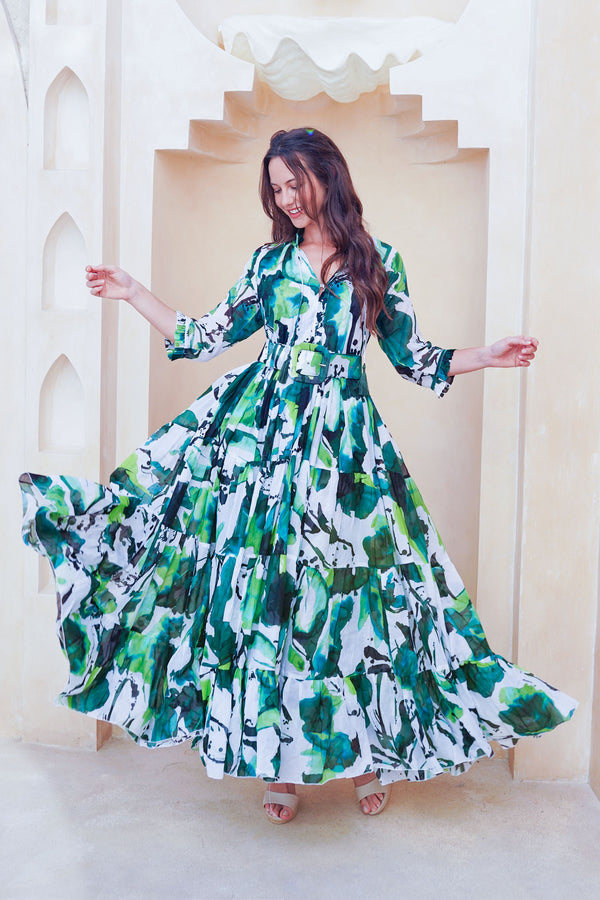 Eva Dress Crew Neck 3/4 Sleeve Maxi Length Cotton Musola (Watercolor Foliage White)