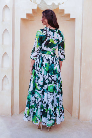 Eva Dress Crew Neck 3/4 Sleeve Maxi Length Cotton Musola (Watercolor Foliage White)