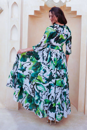 Eva Dress Crew Neck 3/4 Sleeve Maxi Length Cotton Musola (Watercolor Foliage White)