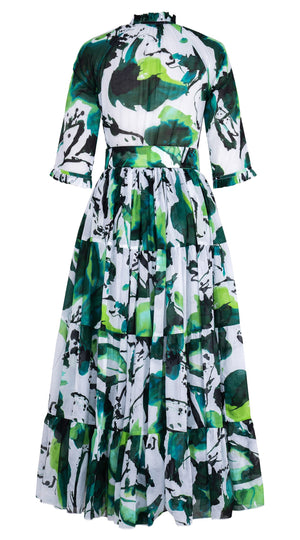 Eva Dress Crew Neck 3/4 Sleeve Maxi Length Cotton Musola (Watercolor Foliage White)