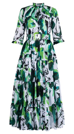 Eva Dress Crew Neck 3/4 Sleeve Maxi Length Cotton Musola (Watercolor Foliage White)