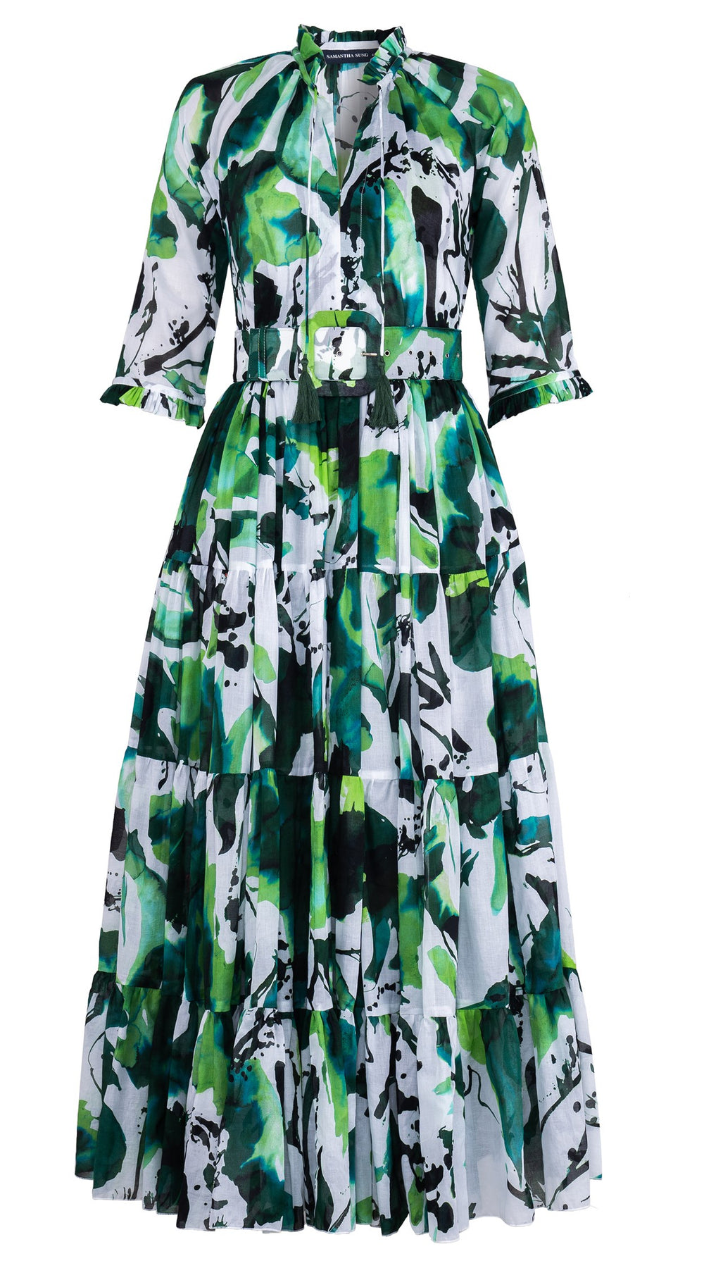 Eva Dress Crew Neck 3/4 Sleeve Maxi Length Cotton Musola (Watercolor Foliage White)