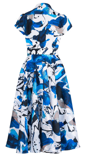 Amber Dress Shirt Collar Short Cuff Sleeve Midi Length Silk Taffta (Watercolor Foliage White)