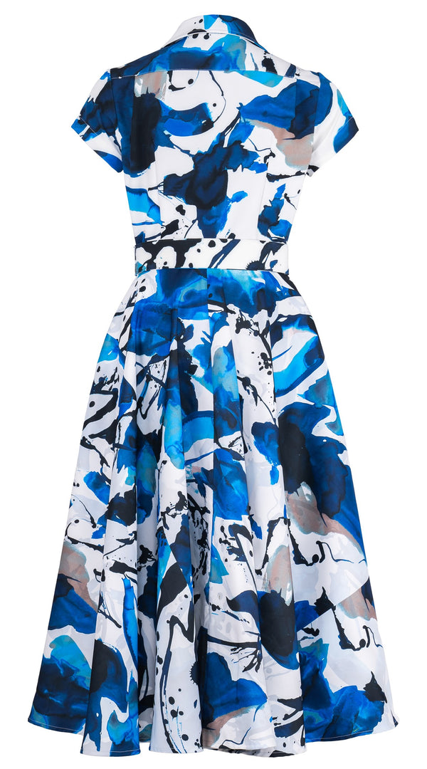 Amber Dress Shirt Collar Short Cuff Sleeve Midi Length Silk Taffta (Watercolor Foliage White)
