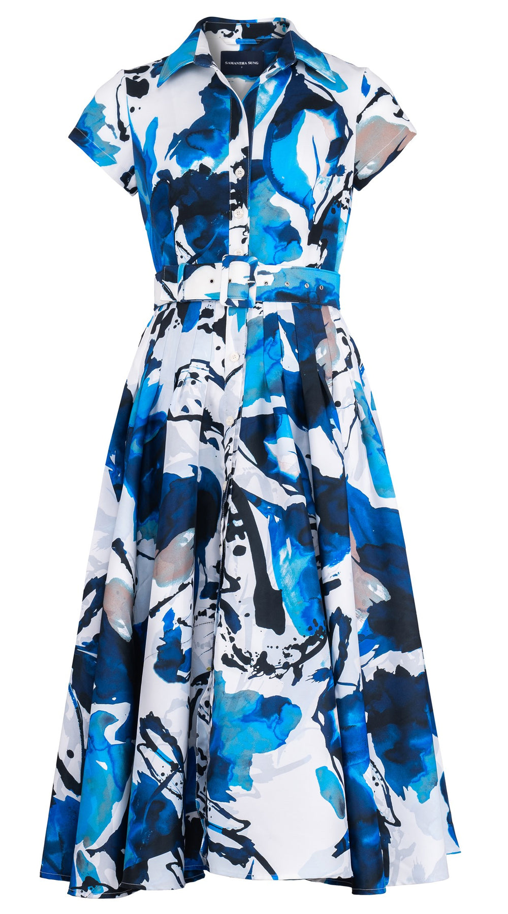 Amber Dress Shirt Collar Short Cuff Sleeve Midi Length Silk Taffta (Watercolor Foliage White)