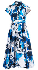 Amber Dress Shirt Collar Short Cuff Sleeve Midi Length Silk Taffta (Watercolor Foliage White)