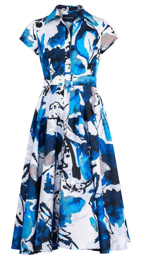 Amber Dress Shirt Collar Short Cuff Sleeve Midi Length Silk Taffta (Watercolor Foliage White)