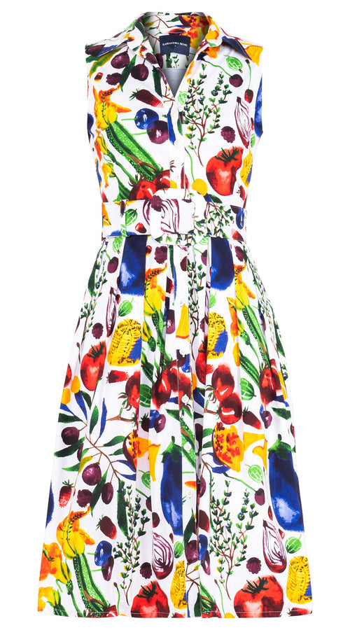 Audrey Dress #1 Shirt Collar Sleeveless Long Length Cotton Stretch (Watercolor Fruits)