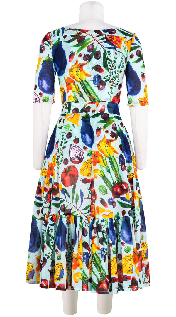 Amanda Dress Boat Neck 1/2 Sleeve Midi Length Cotton Musola (Watercolor Fruits)