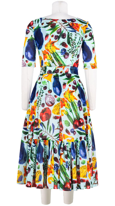 Amanda Dress Boat Neck 1/2 Sleeve Midi Length Cotton Musola (Watercolor Fruits)
